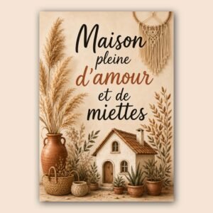 Affiche déco bohème avec maison, vases en terre cuite et plantes