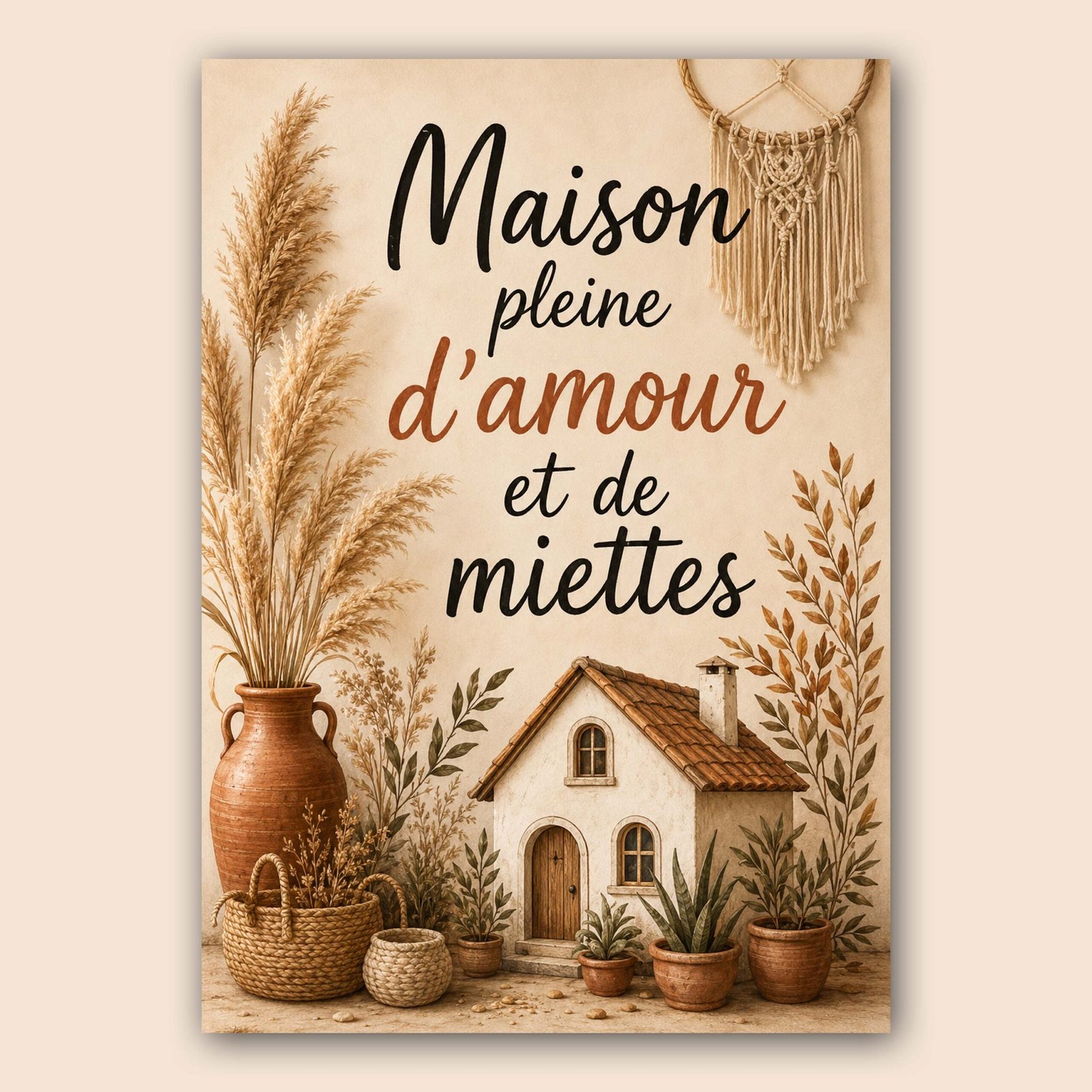 Affiche déco bohème avec maison, vases en terre cuite et plantes