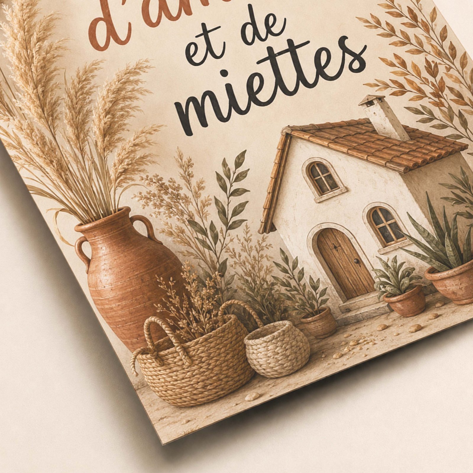Détail de l’affiche avec typographie manuscrite et maison décorative