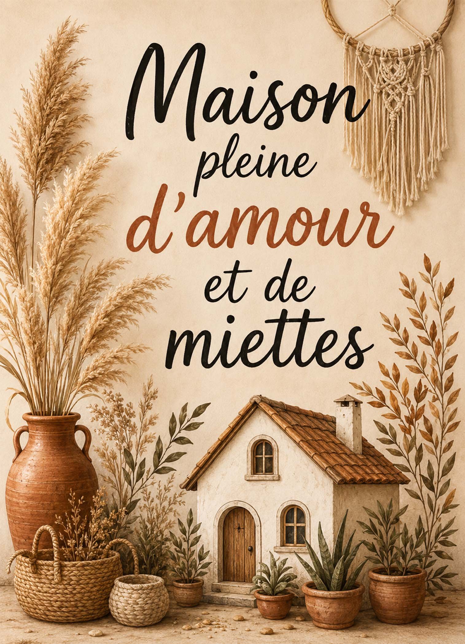 Affiche représentant une maison pleine de charme, entourée de matières naturelles, de plantes et d’objets déco au style artisanal. L’ensemble crée une ambiance douce et chaleureuse, parfaite pour apporter une touche de caractère à votre intérieur