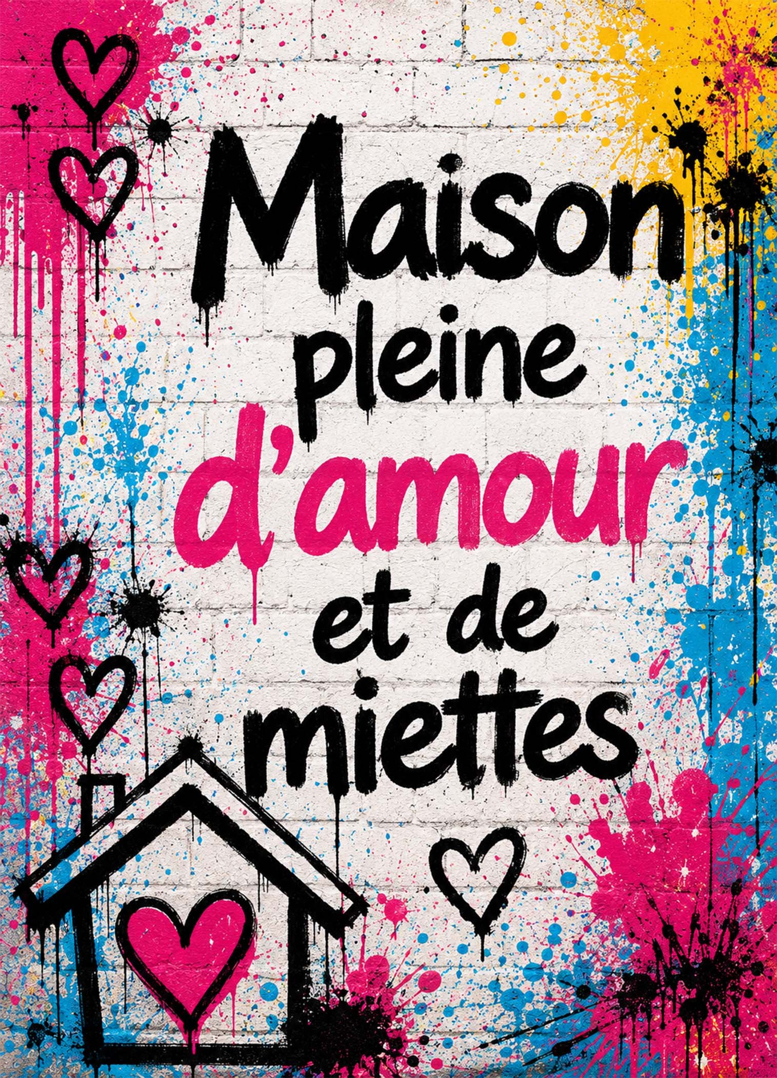 Affiche représentant une composition autour de maison colorée et pleine d'amour