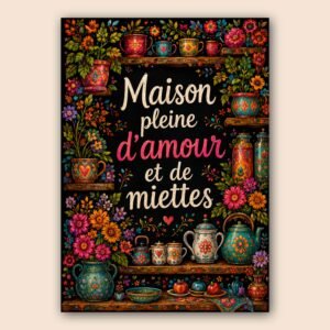 Affiche décorative colorée avec fleurs et citation maison