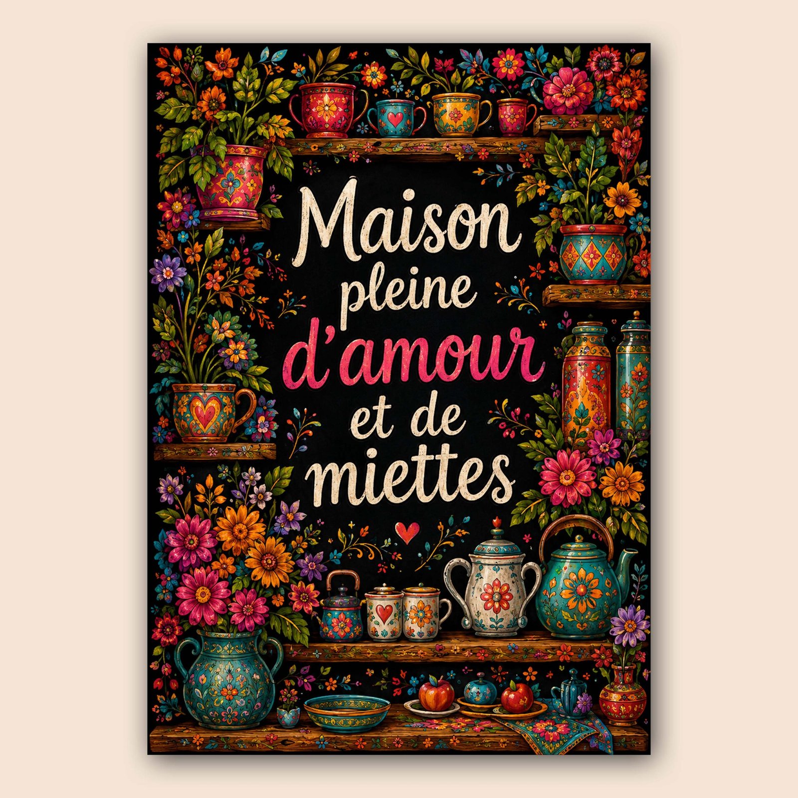 Affiche décorative colorée avec fleurs et citation maison