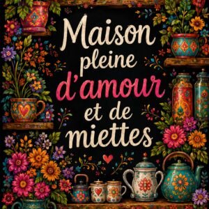 Affiche représentant Une affiche pleine de vie, avec une composition dense de fleurs, de vaisselle décorée et de petits détails artisanaux. Le fond noir fait ressortir les couleurs vives et donne beaucoup de présence à l'ensemble