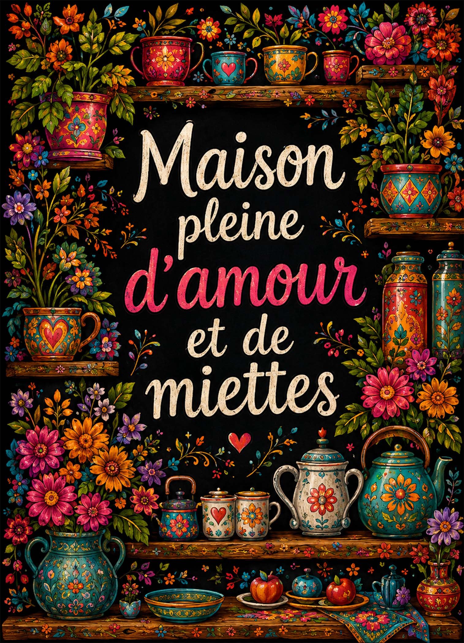 Affiche représentant Une affiche pleine de vie, avec une composition dense de fleurs, de vaisselle décorée et de petits détails artisanaux. Le fond noir fait ressortir les couleurs vives et donne beaucoup de présence à l'ensemble