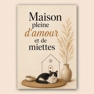 Affiche maison douce avec chat et message décoratif