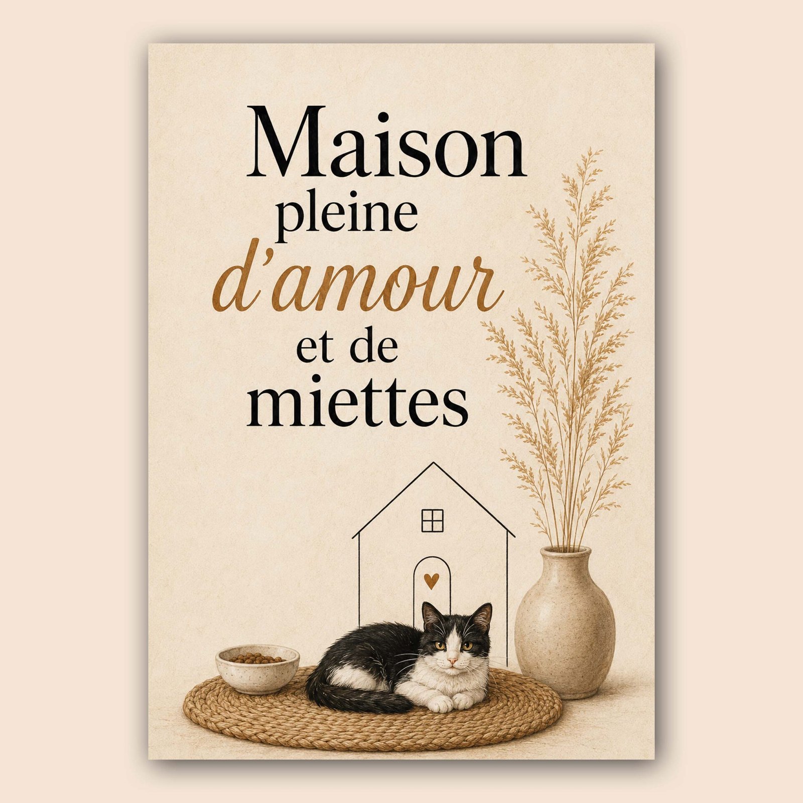 Affiche maison douce avec chat et message décoratif