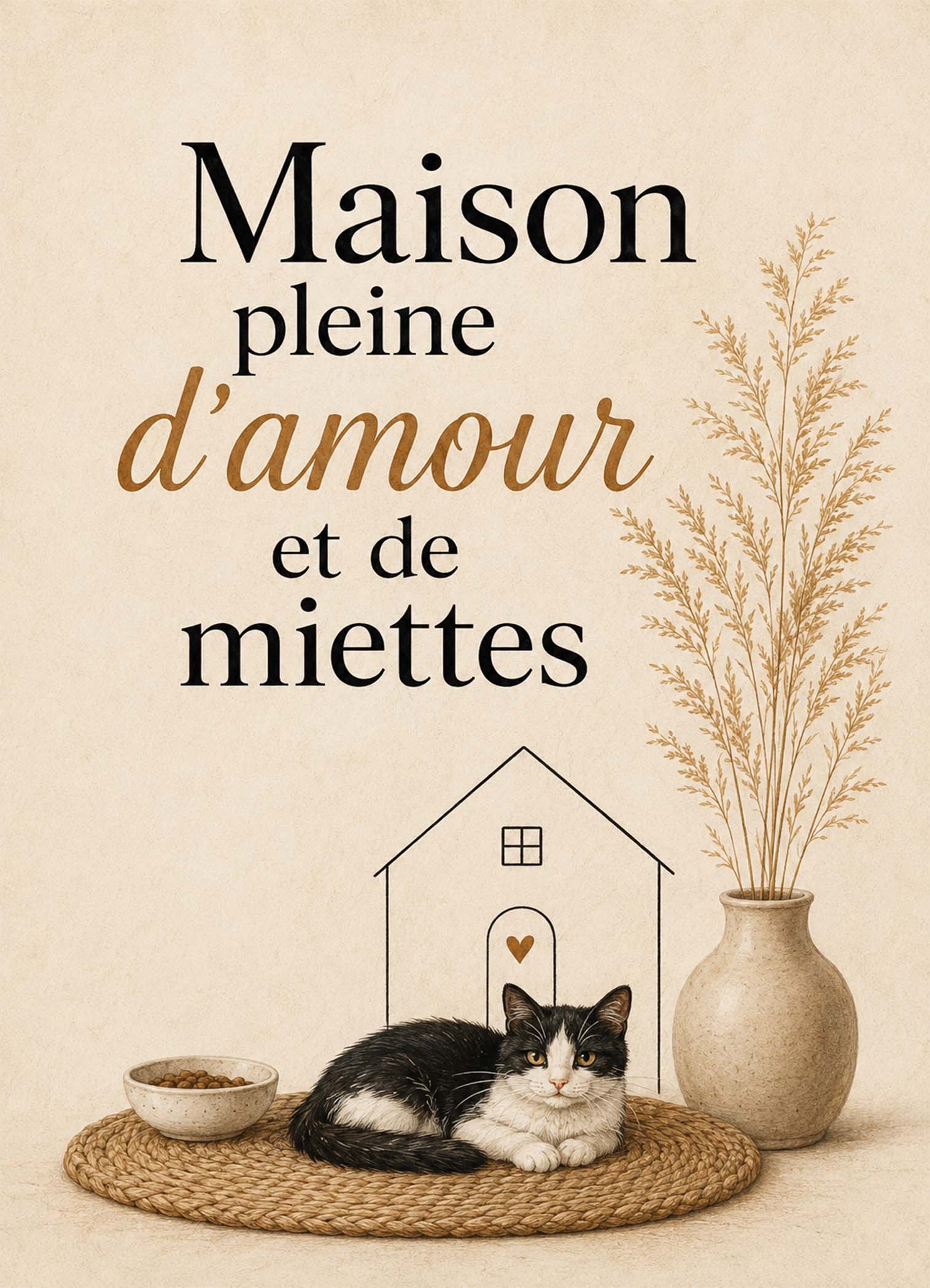 Affiche représentant une composition autour de maison douce et chat