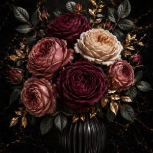 Affiche représentant Un bouquet de roses profondes, posé dans un vase noir, crée une composition florale à la fois intense et élégante. Les pétales aux tons bordeaux, rose poudré et crème ressortent magnifiquement sur le fond sombre