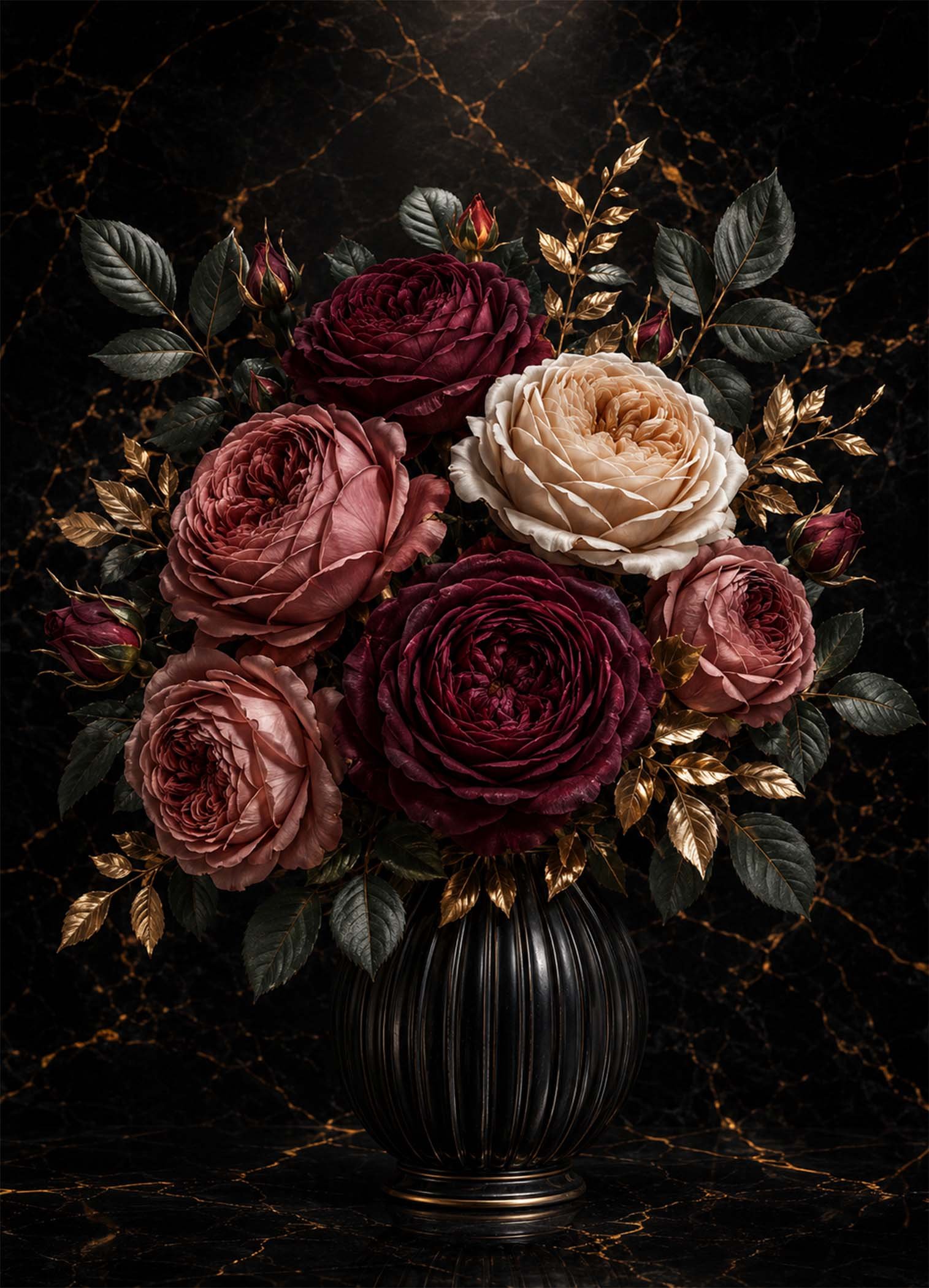 Affiche représentant Un bouquet de roses profondes, posé dans un vase noir, crée une composition florale à la fois intense et élégante. Les pétales aux tons bordeaux, rose poudré et crème ressortent magnifiquement sur le fond sombre