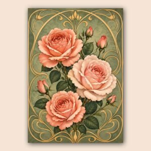 Roses roses et corail dans un cadre décoratif doré