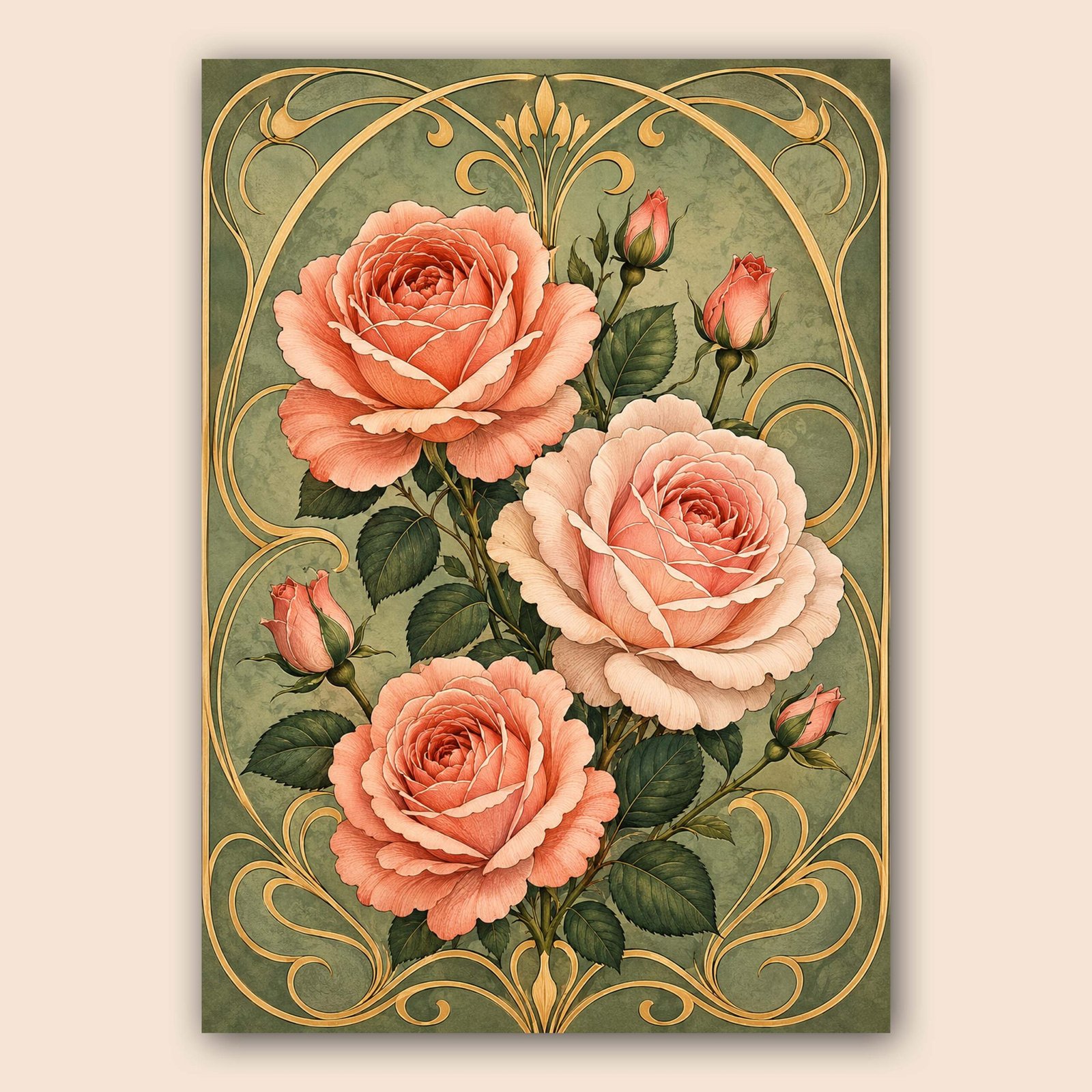 Roses roses et corail dans un cadre décoratif doré