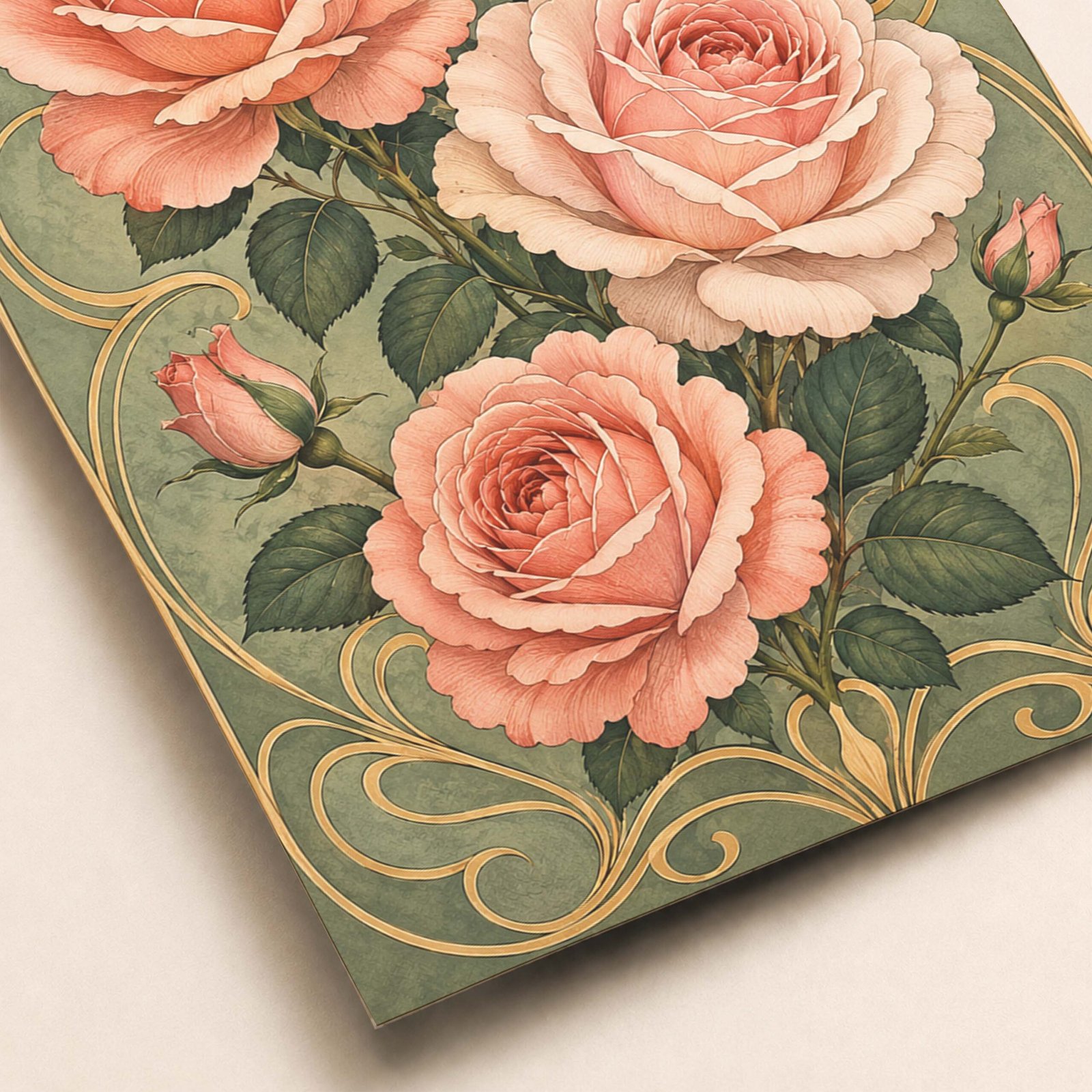 Zoom sur les pétales de roses et les ornements dorés