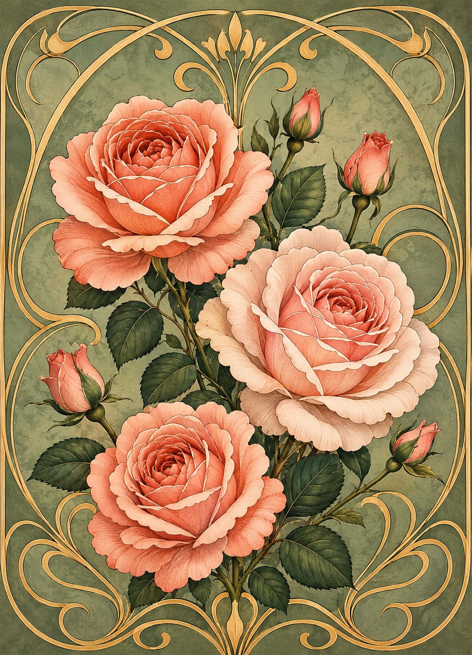 Affiche représentant une composition autour de roses vintage rose poudré