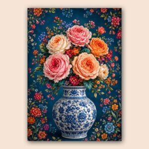 Composition florale avec roses colorées et vase bleu et blanc