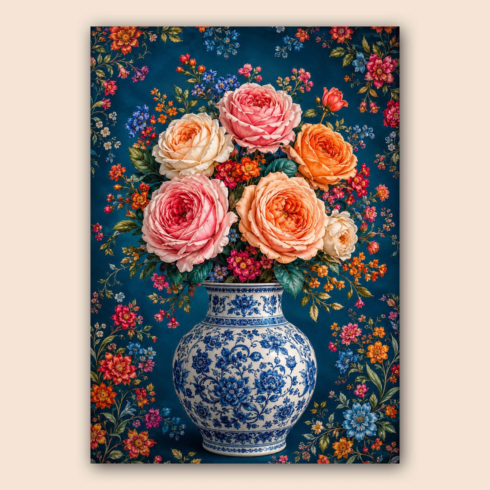 Composition florale avec roses colorées et vase bleu et blanc