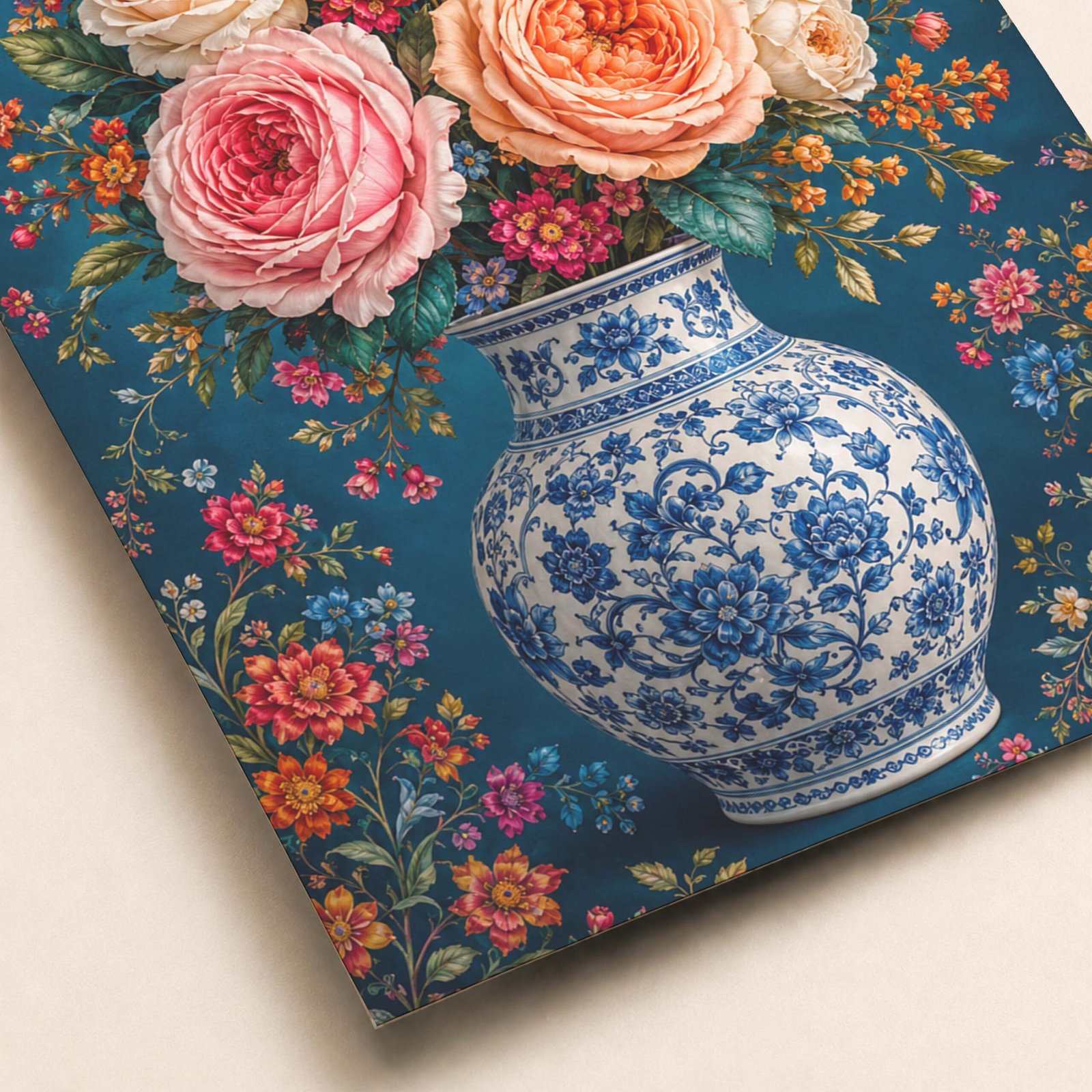 Détail du bouquet de roses et du vase bleu et blanc