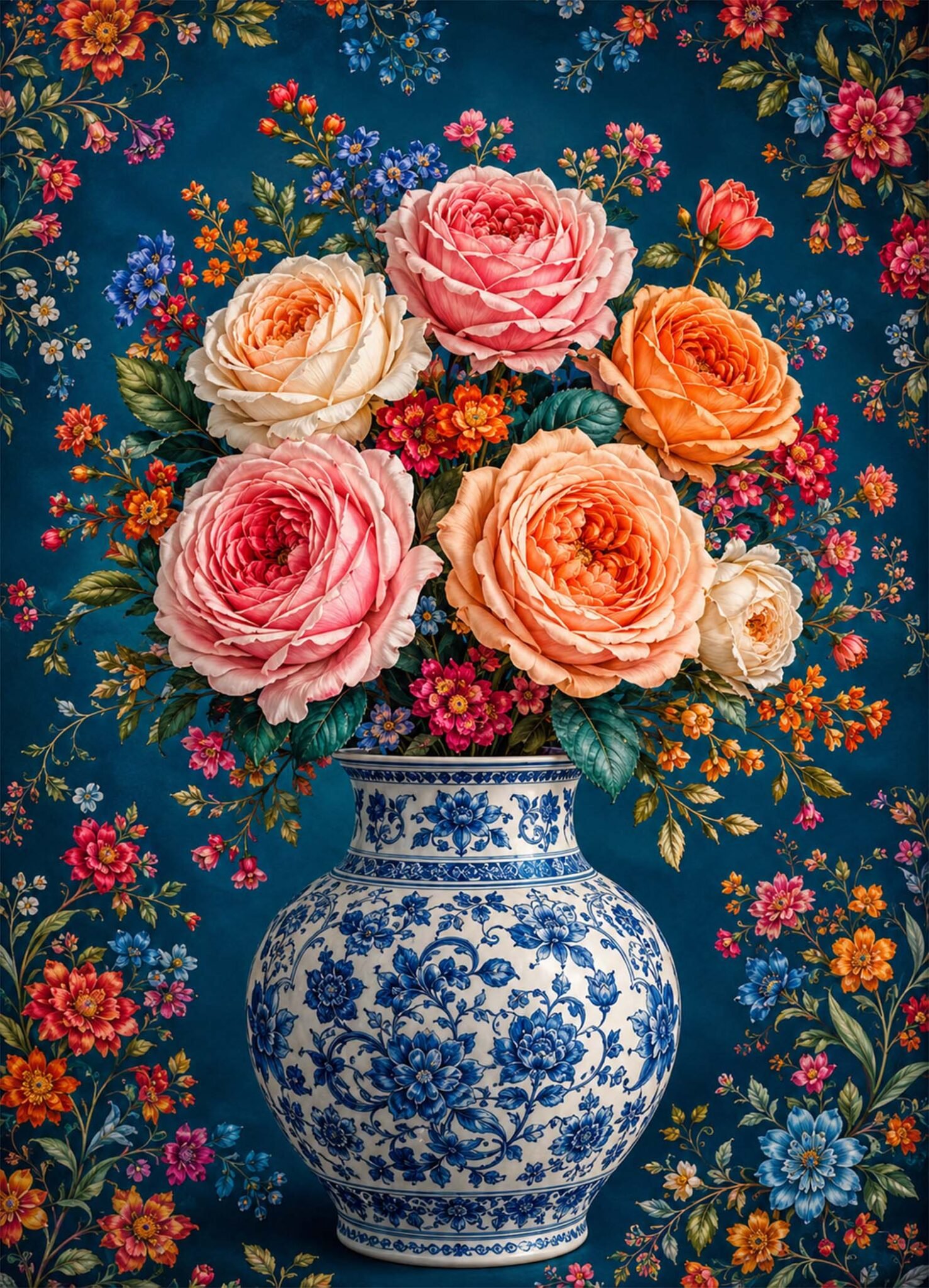 Affiche représentant une composition autour de bouquet floral bleu