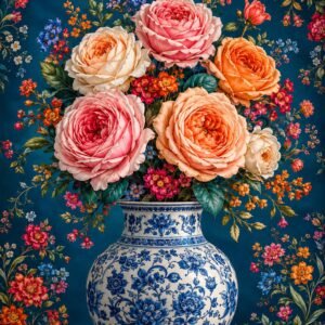 Affiche représentant une composition autour de bouquet floral bleu