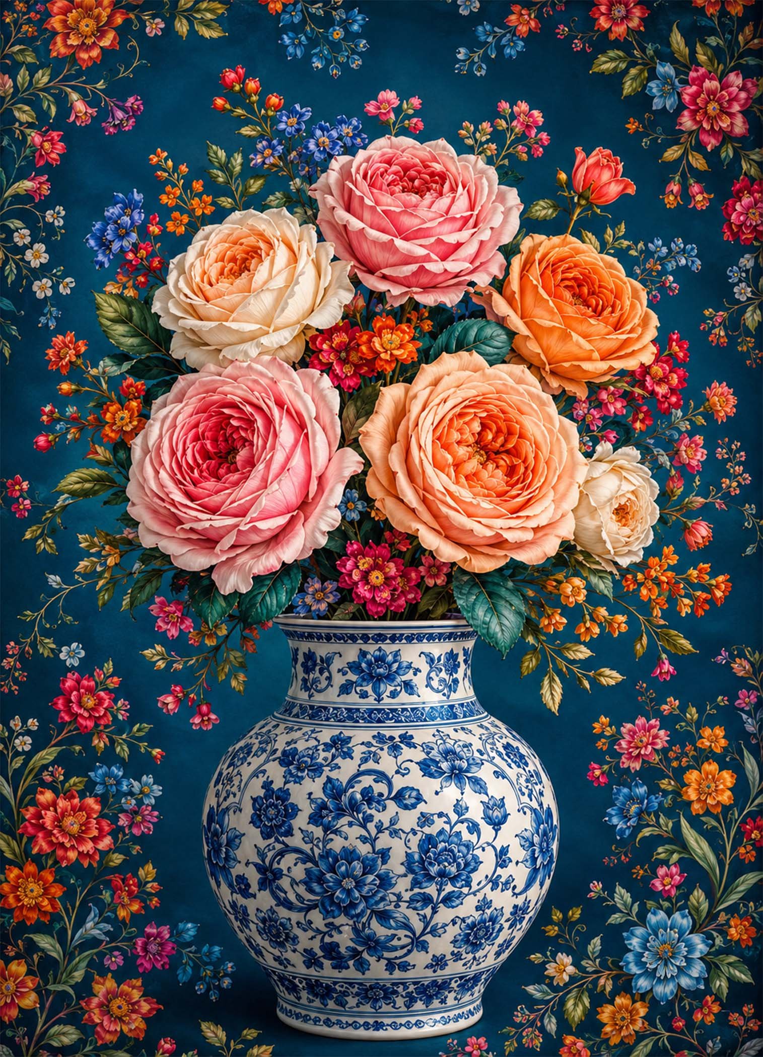 Affiche représentant une composition autour de bouquet floral bleu