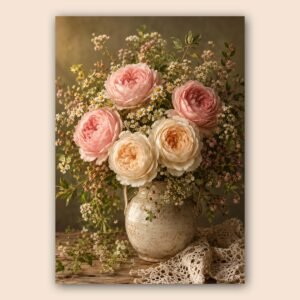 Bouquet de roses et fleurs champêtres dans un vase
