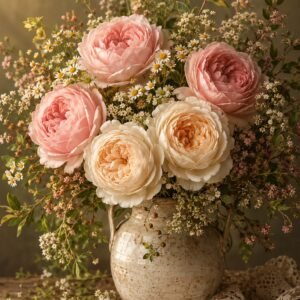 Affiche représentant Un bouquet généreux de roses et de petites fleurs champêtres compose une scène douce et romantique, pleine de délicatesse. Le vase en céramique et la table en bois apportent une touche authentique, presque intemporelle
