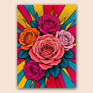 Roses pop art colorées sur fond graphique éclaté