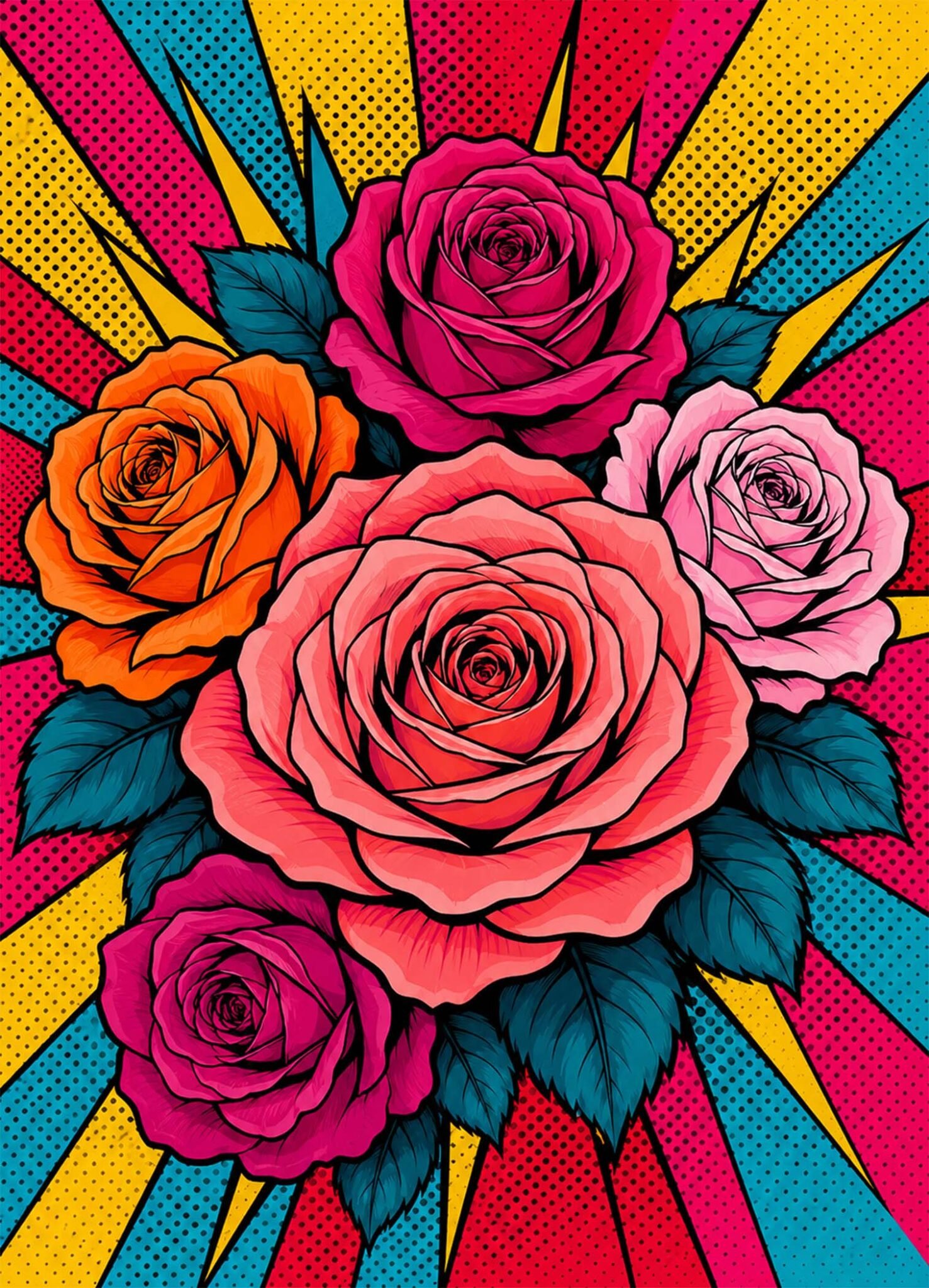 Affiche représentant Un bouquet de roses au style pop art qui attire tout de suite le regard. Les fleurs se détachent sur un fond éclaté, rythmé par des rayons jaunes, des aplats vifs et une trame graphique pleine de caractère