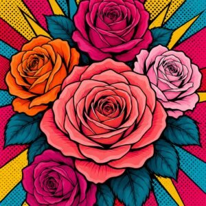 Affiche représentant Un bouquet de roses au style pop art qui attire tout de suite le regard. Les fleurs se détachent sur un fond éclaté, rythmé par des rayons jaunes, des aplats vifs et une trame graphique pleine de caractère