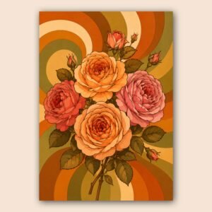 Bouquet de roses stylisées dans une palette orange, rose et vert olive