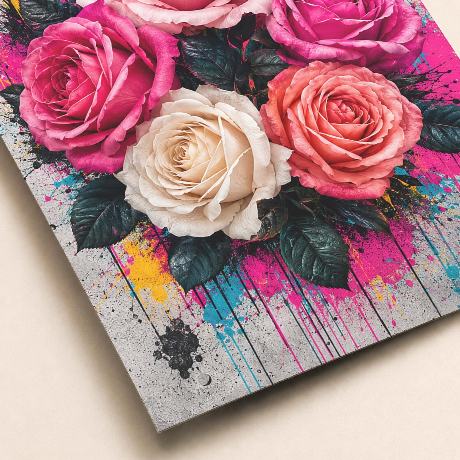Détail du bouquet de roses colorées et des éclaboussures de peinture