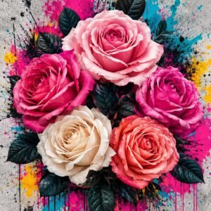 Affiche représentant Un bouquet de roses éclatantes qui attire le regard dès le premier coup d’œil. Les fleurs se détachent sur un fond texturé, relevé d’éclaboussures vives pour un rendu à la fois floral et graphique