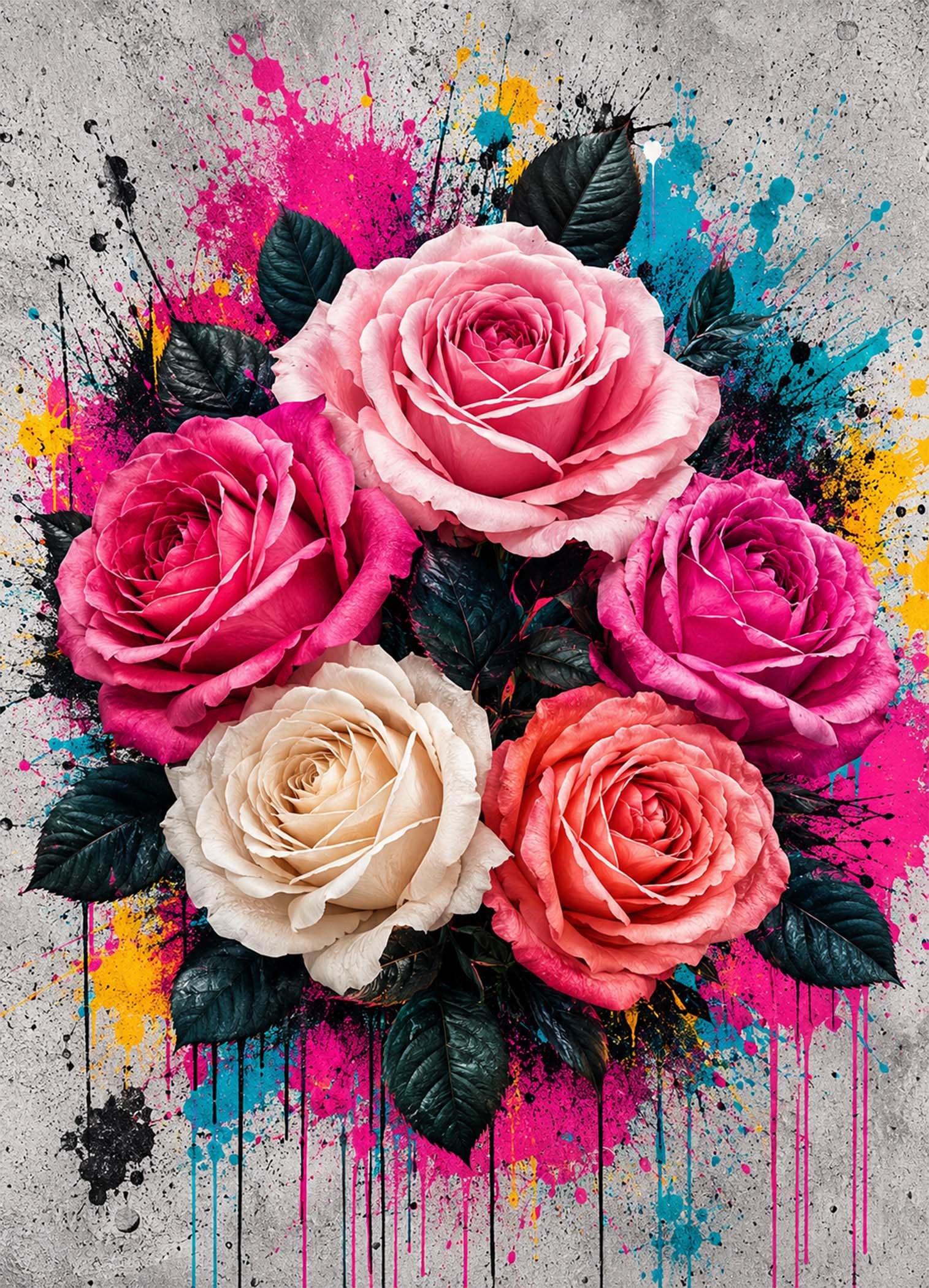 Affiche représentant Un bouquet de roses éclatantes qui attire le regard dès le premier coup d’œil. Les fleurs se détachent sur un fond texturé, relevé d’éclaboussures vives pour un rendu à la fois floral et graphique