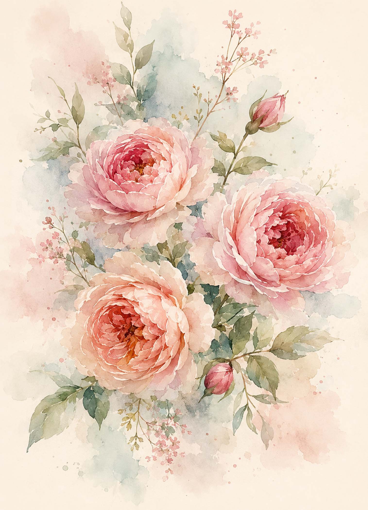 Affiche représentant un bouquet de pivoines en aquarelle, tout en douceur, avec des pétales généreux et un rendu léger qui apporte immédiatement une note romantique à la pièce