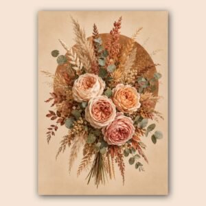 Composition florale avec roses poudrées et feuillages naturels