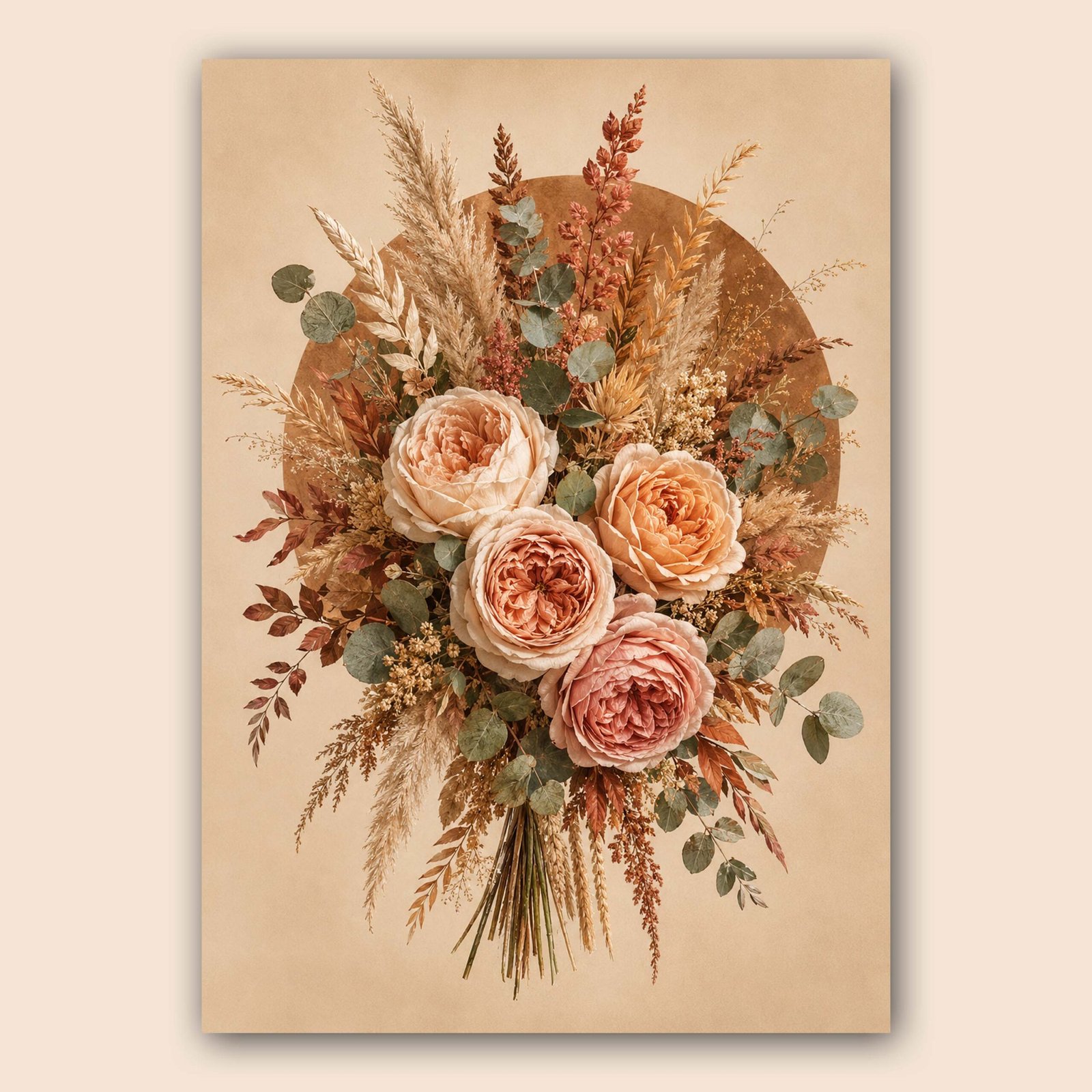 Composition florale avec roses poudrées et feuillages naturels