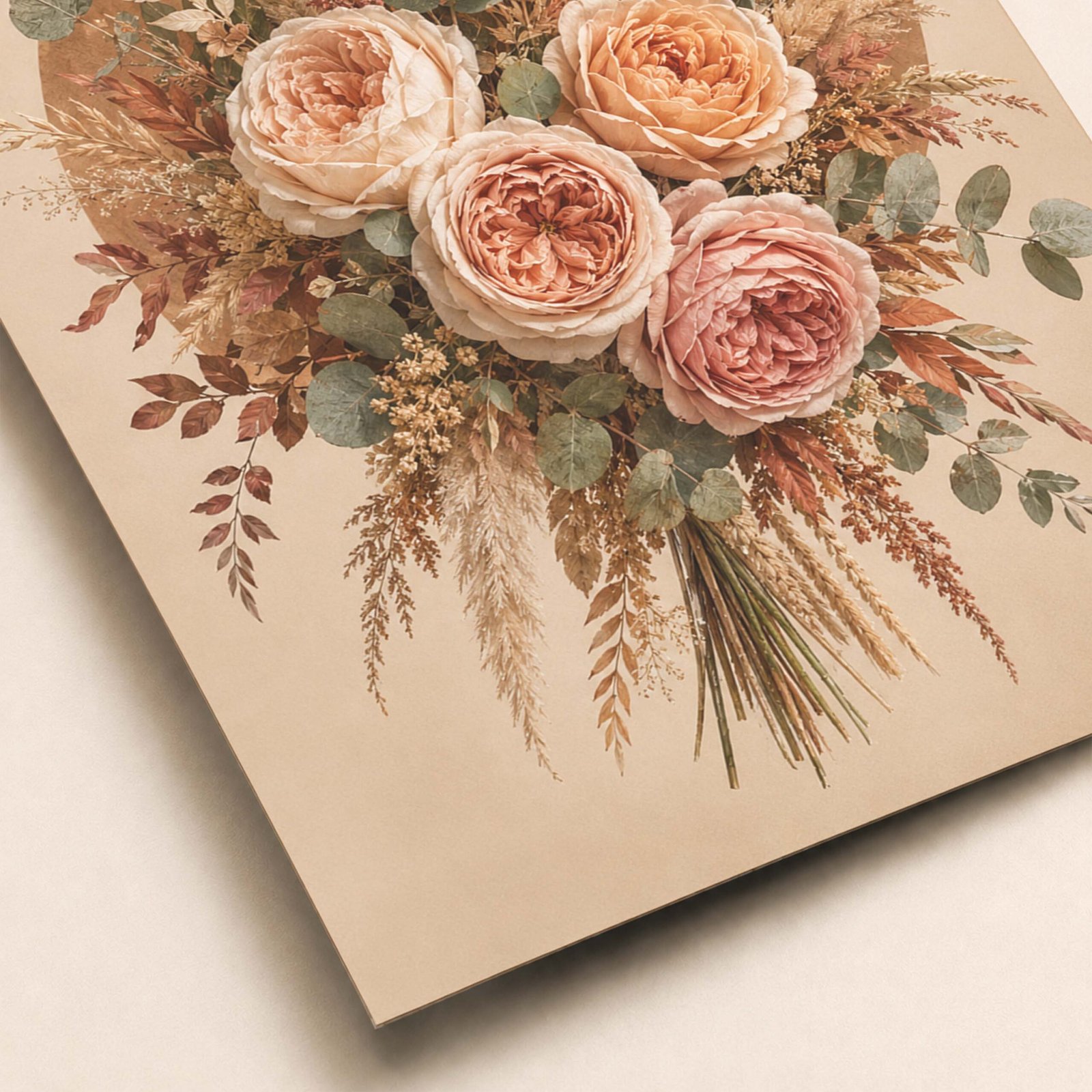 Zoom sur les roses poudrées et les feuillages du bouquet