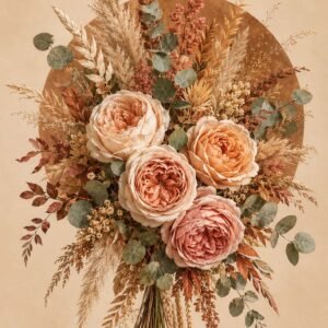 Affiche représentant un bouquet généreux de fleurs aux tons poudrés, mêlant roses délicates, feuillages naturels et herbes séchées. L’ensemble crée une composition douce, équilibrée et très décorative