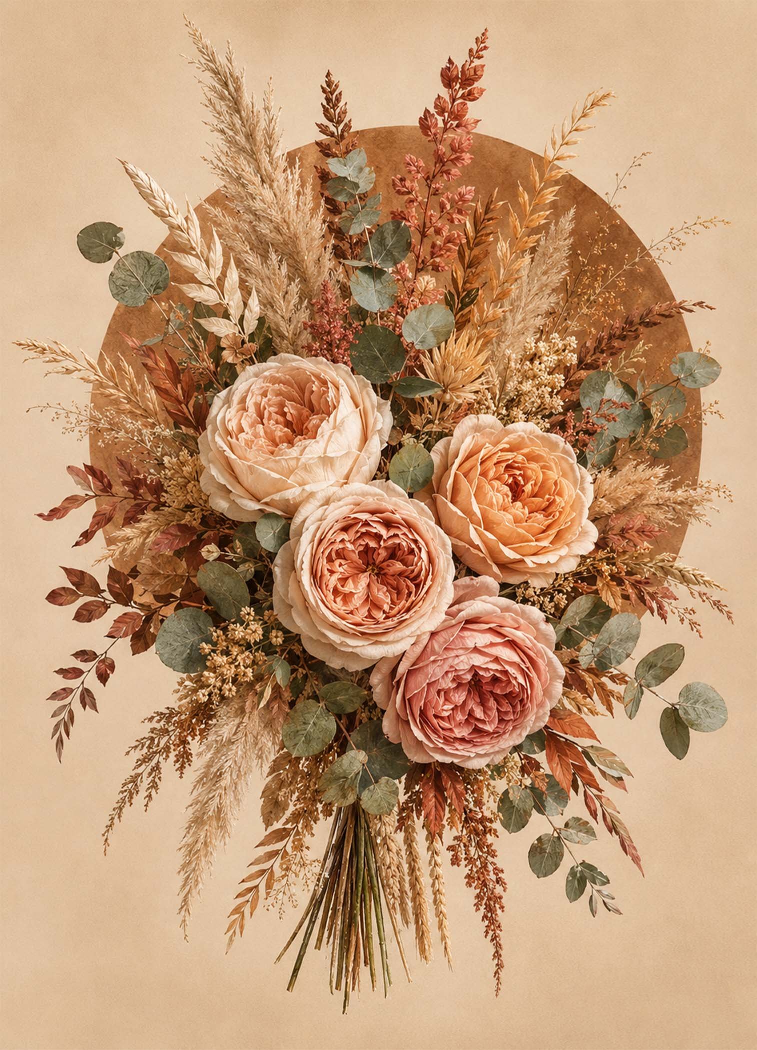 Affiche représentant un bouquet généreux de fleurs aux tons poudrés, mêlant roses délicates, feuillages naturels et herbes séchées. L’ensemble crée une composition douce, équilibrée et très décorative