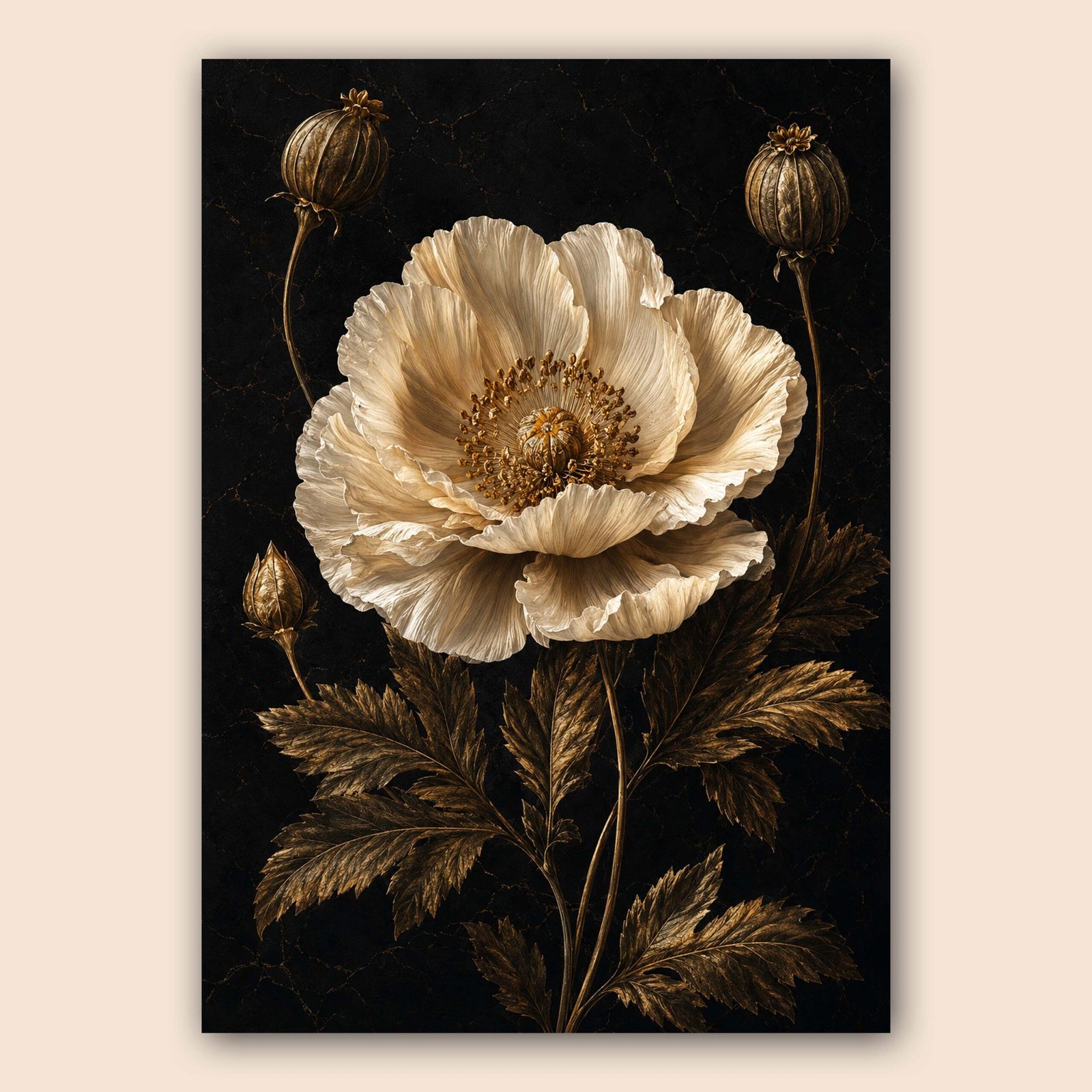 Fleur blanche et dorée sur fond noir