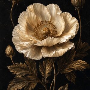 Affiche représentant une grande fleur blanche aux reflets dorés, posée sur un fond noir profond qui fait ressortir chaque détail. Le contraste est fort, élégant et très décoratif