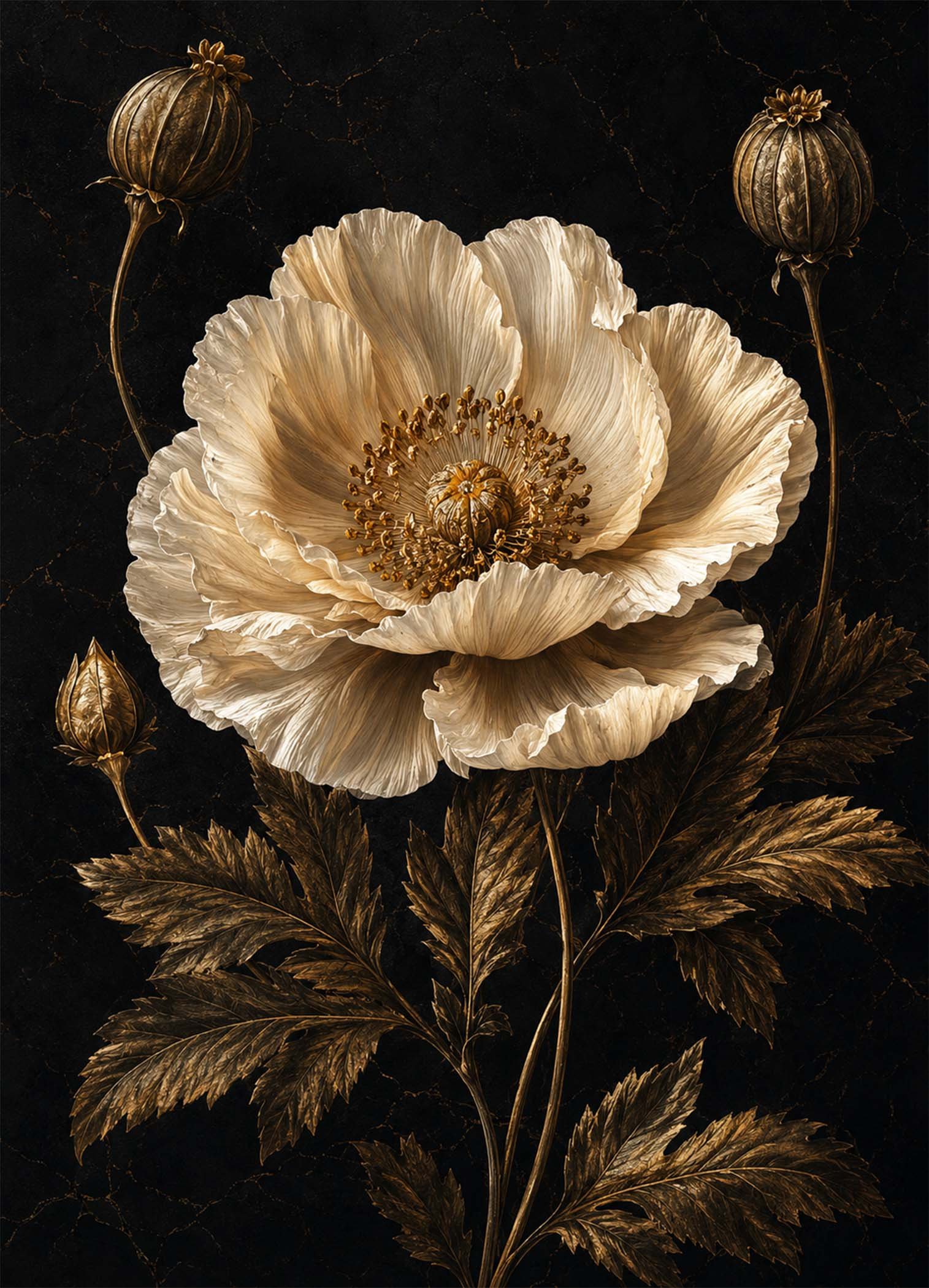 Affiche représentant une grande fleur blanche aux reflets dorés, posée sur un fond noir profond qui fait ressortir chaque détail. Le contraste est fort, élégant et très décoratif