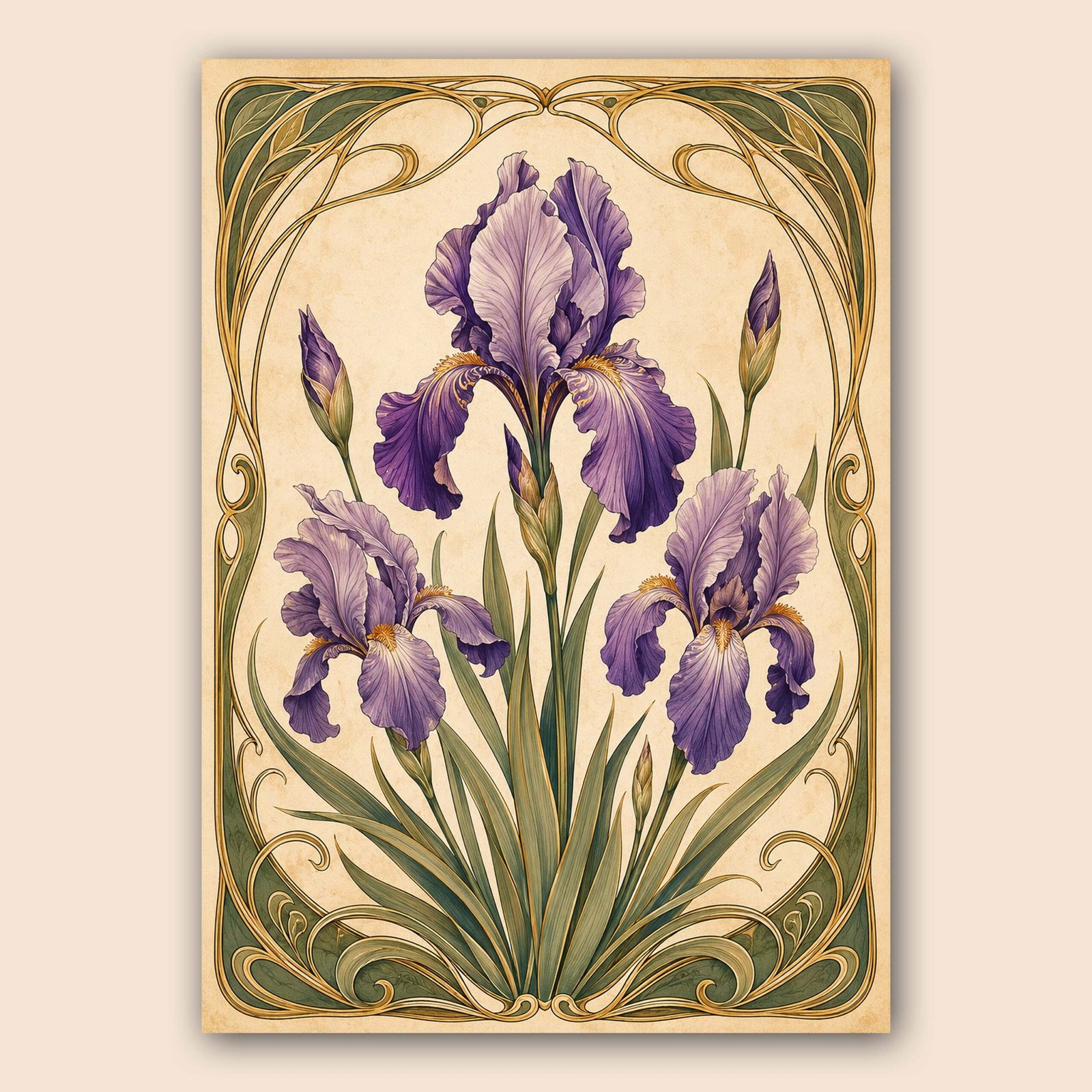 Illustration d'iris violets décorative sur fond beige