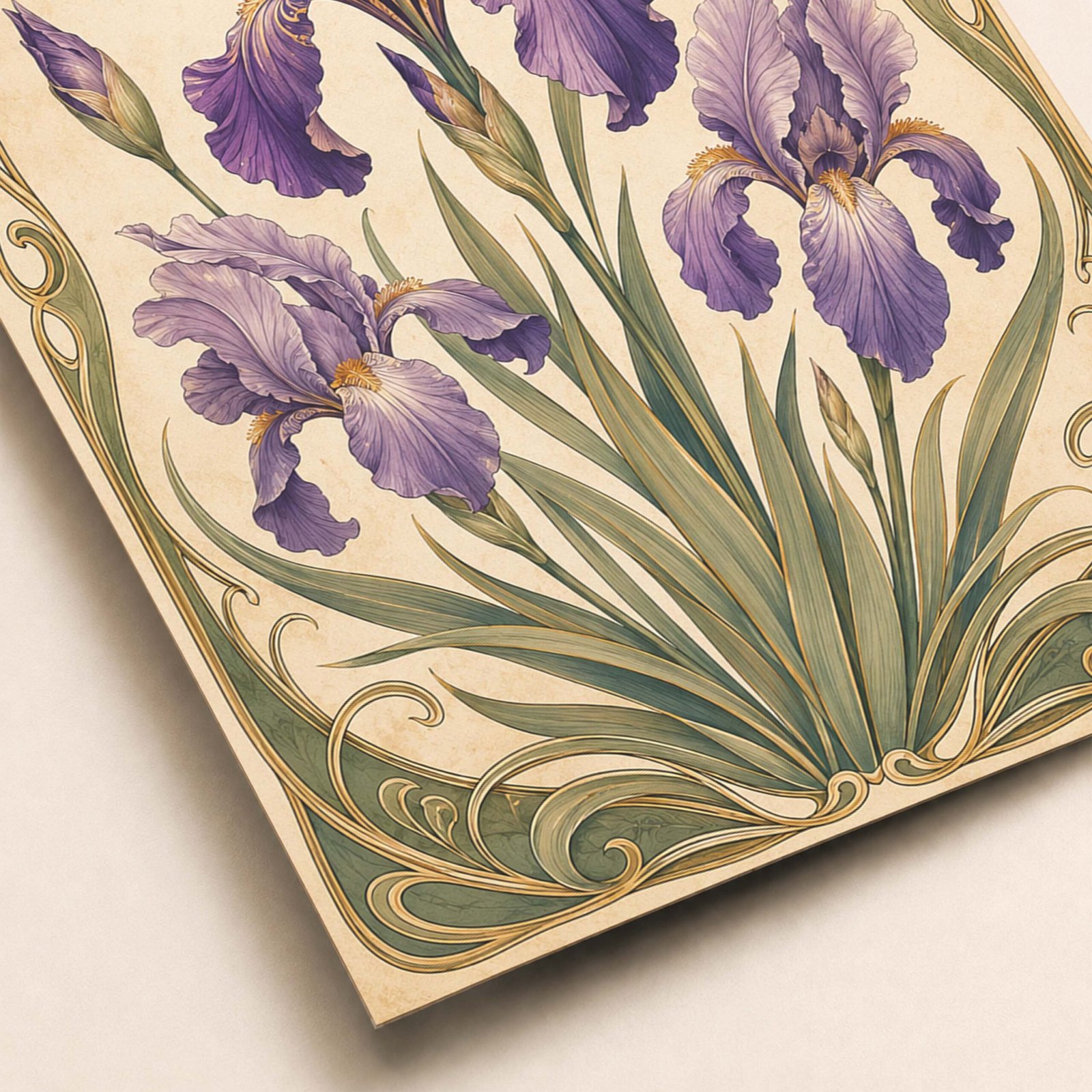 Zoom sur les iris violets et les détails ornementaux
