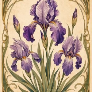 Affiche représentant une composition autour de iris violets Art Nouveau