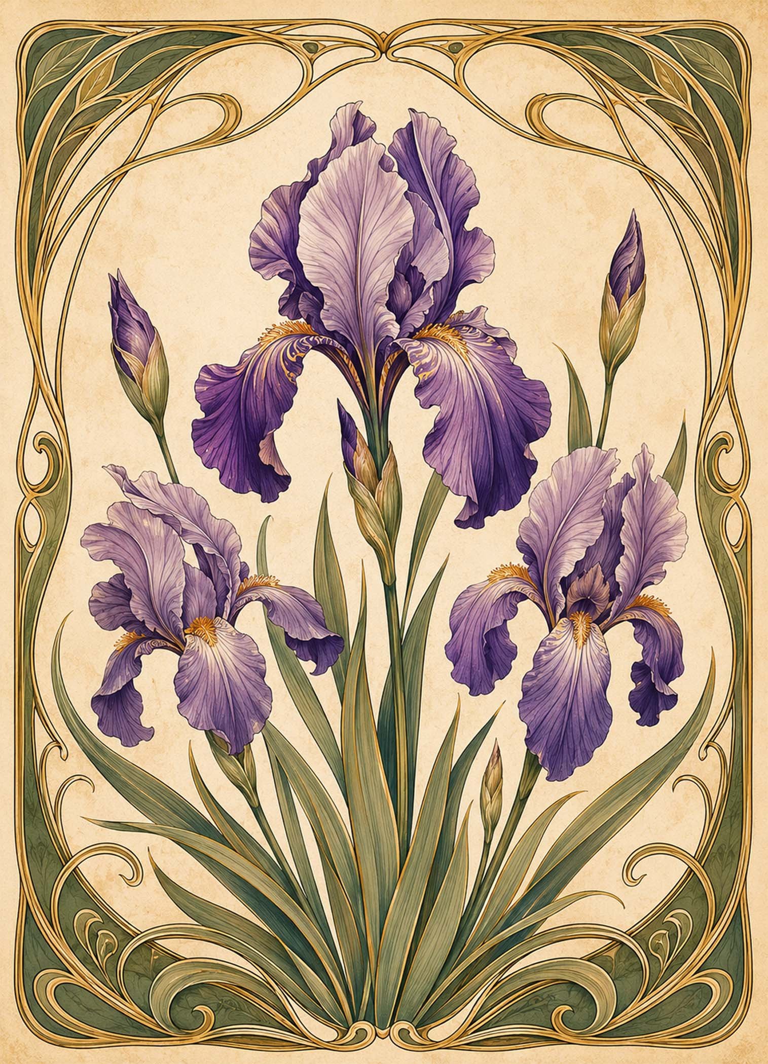 Affiche représentant une composition autour de iris violets Art Nouveau