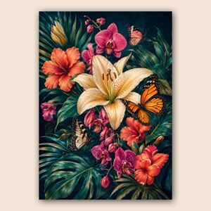 Illustration botanique tropicale avec fleurs exotiques et papillons
