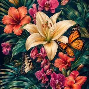 Affiche représentant une composition florale tropicale généreuse, animée par de grands pétales lumineux et plusieurs papillons délicats. Le contraste entre les fleurs éclatantes et le fond sombre crée un rendu profond, très décoratif