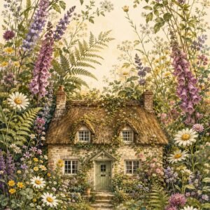 Affiche représentant une petite maison de campagne nichée au cœur d’un jardin foisonnant. Les fleurs sauvages, les feuillages et les tons doux créent une composition très vivante, à la fois chaleureuse et apaisante