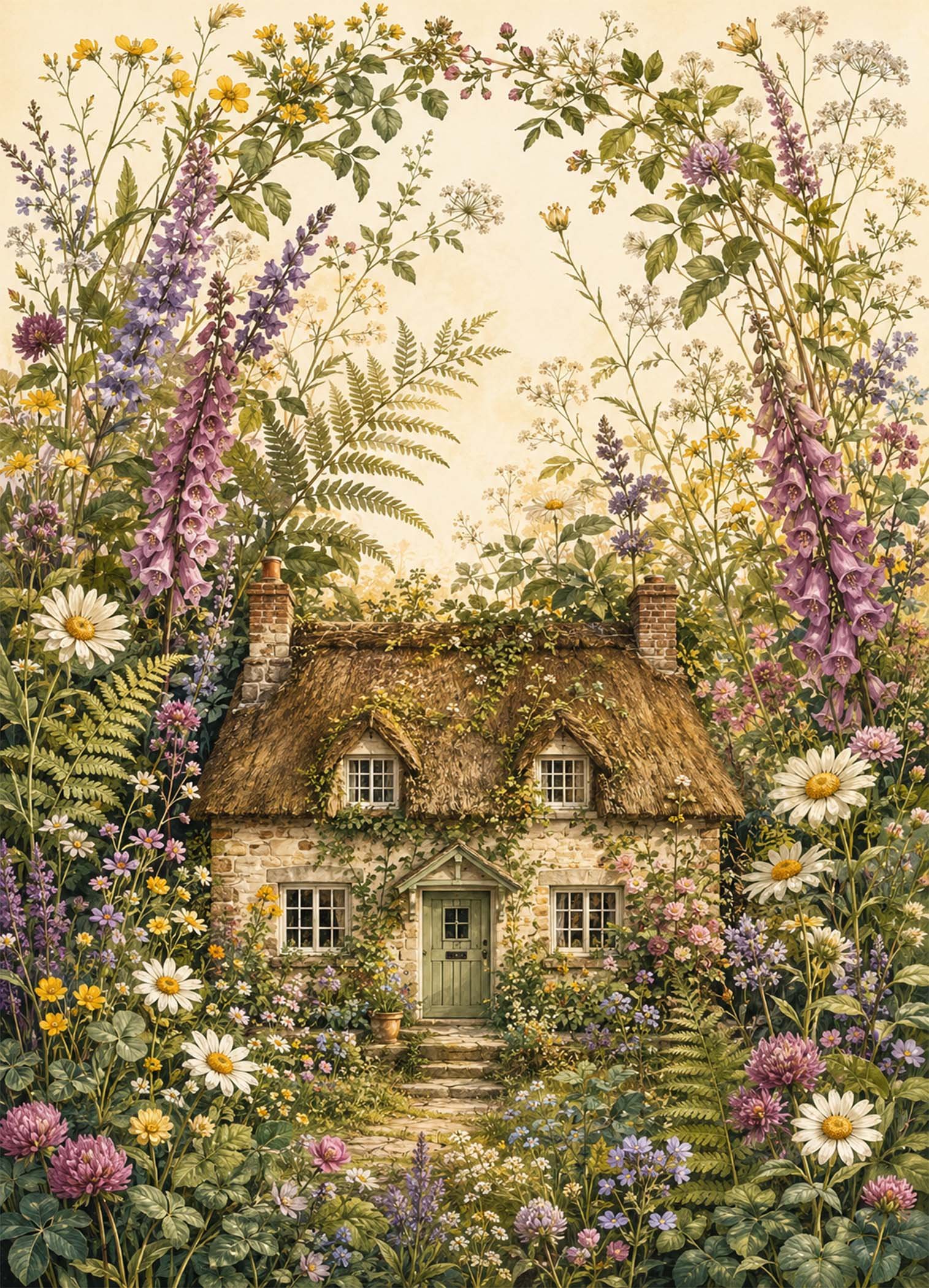 Affiche représentant une petite maison de campagne nichée au cœur d’un jardin foisonnant. Les fleurs sauvages, les feuillages et les tons doux créent une composition très vivante, à la fois chaleureuse et apaisante